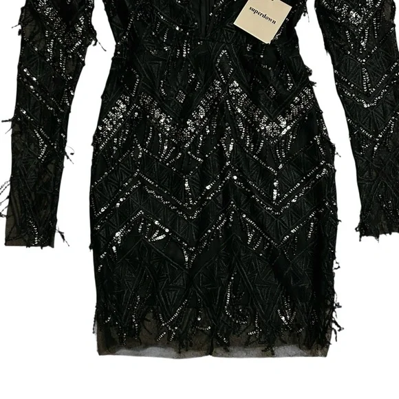 SUPERDOWN NWT Black Long Sleeve Nia Sequin Fringe Mini Dress XS - Picture 6 of 16